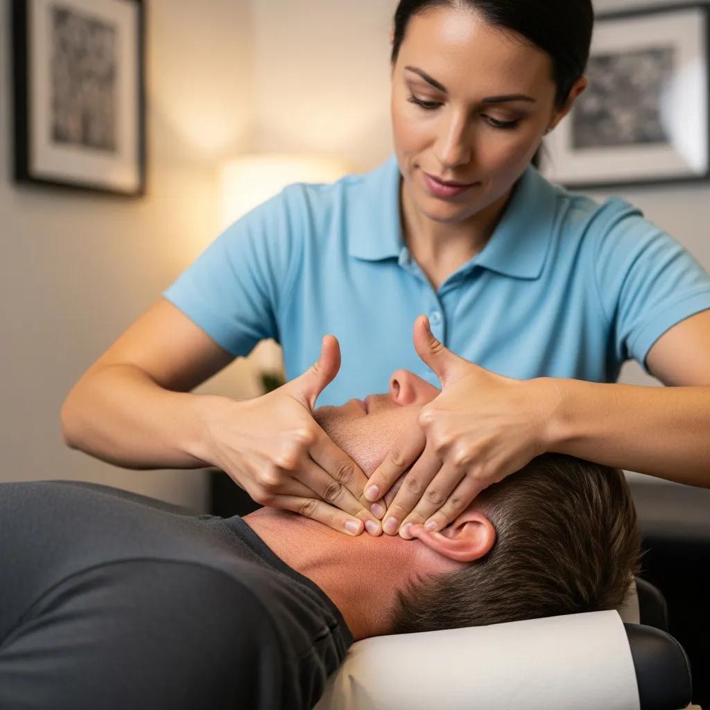 Chiropractor using soft tissue therapy on a patient’s neck, focusing on whiplash treatment
